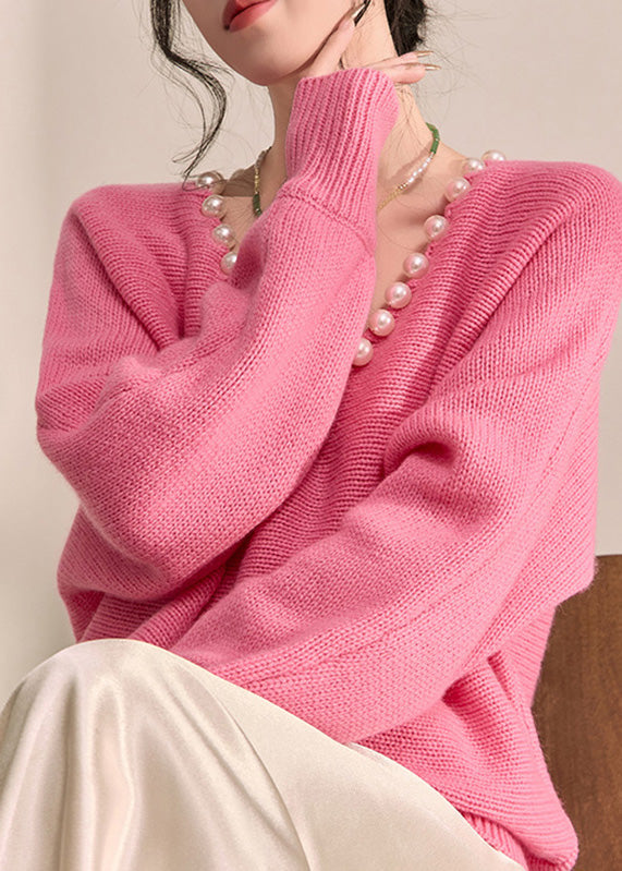Brief Pink Thick Cotton Knit Sweater V Neck Pearl Lantern Sleeve