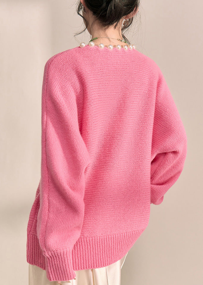 Brief Pink Thick Cotton Knit Sweater V Neck Pearl Lantern Sleeve