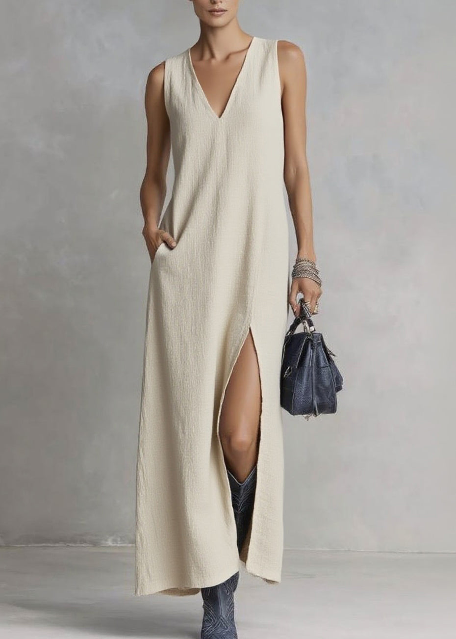 Brief Ramie V Neck Pockets Patchwork Solid Maxi Dresses Summer - Omychic