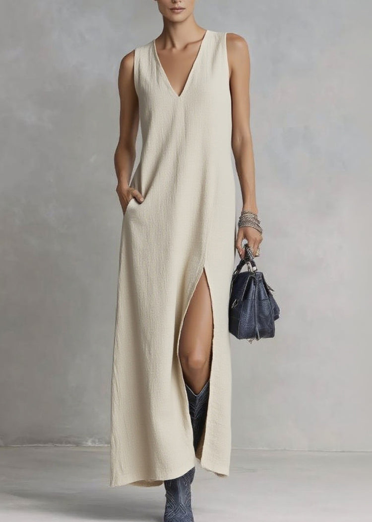 Brief Ramie V Neck Pockets Patchwork Solid Maxi Dresses Summer - Omychic