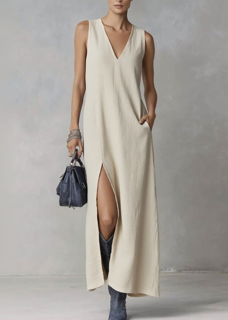 Brief Ramie V Neck Pockets Patchwork Solid Maxi Dresses Summer - Omychic