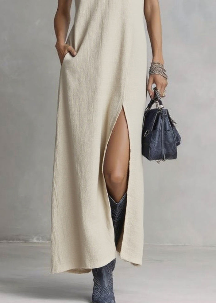 Brief Ramie V Neck Pockets Patchwork Solid Maxi Dresses Summer - Omychic