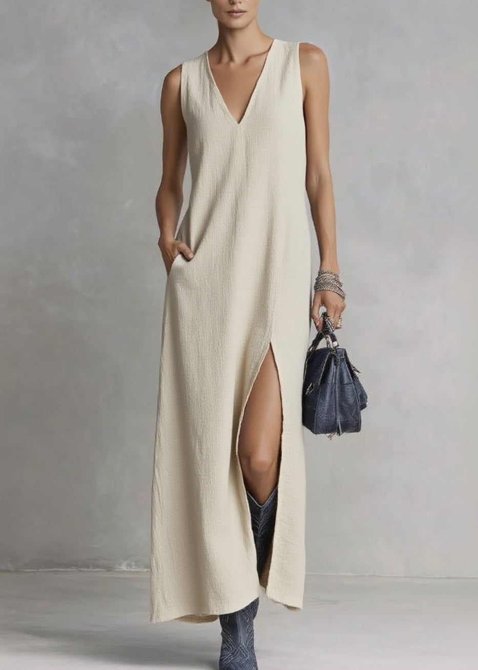 Brief Ramie V Neck Pockets Patchwork Solid Maxi Dresses Summer - Omychic