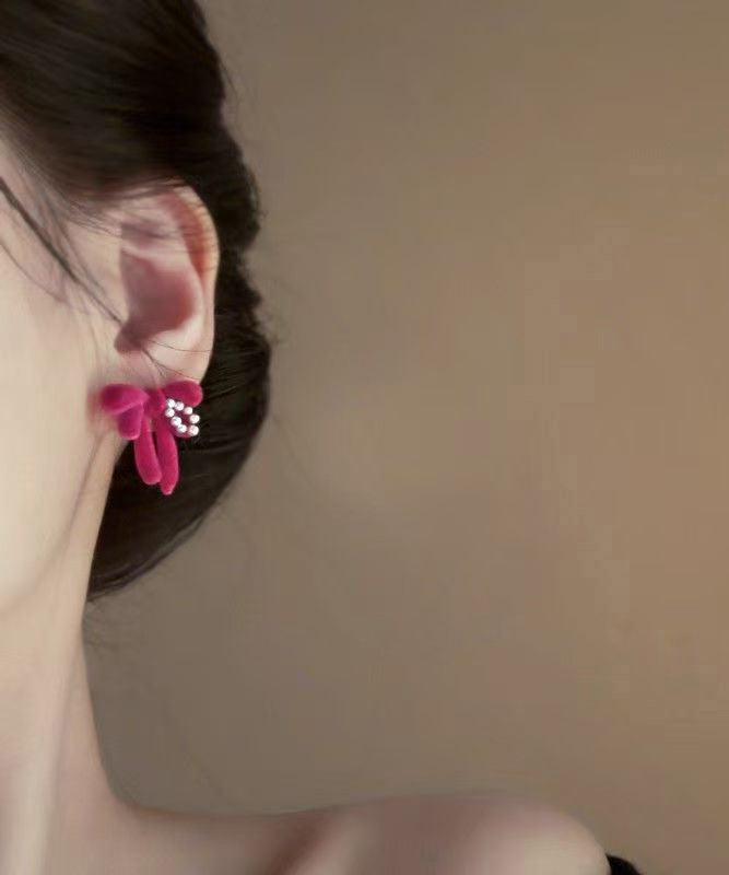 Brief Raspberry Color Alloy Pearl Flockin Butterfly Stud Earrings