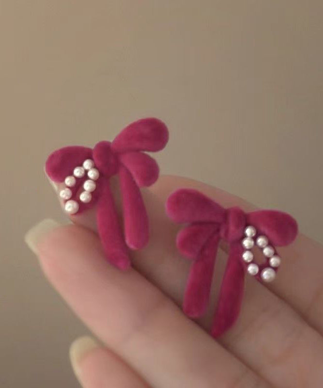 Brief Raspberry Color Alloy Pearl Flockin Butterfly Stud Earrings