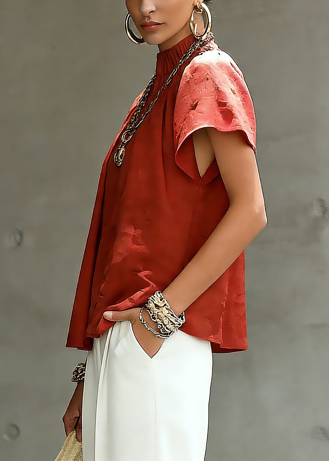 Brief Red Stand Collar Patchwork Shirt Summer