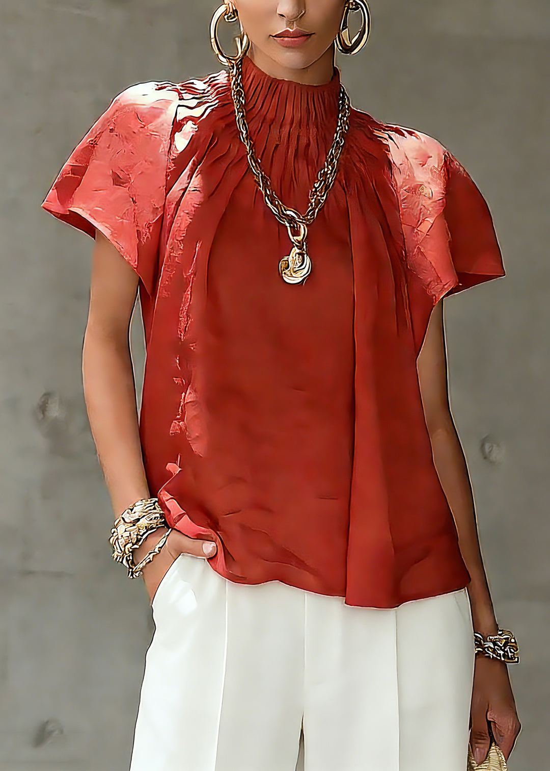Brief Red Stand Collar Patchwork Shirt Summer