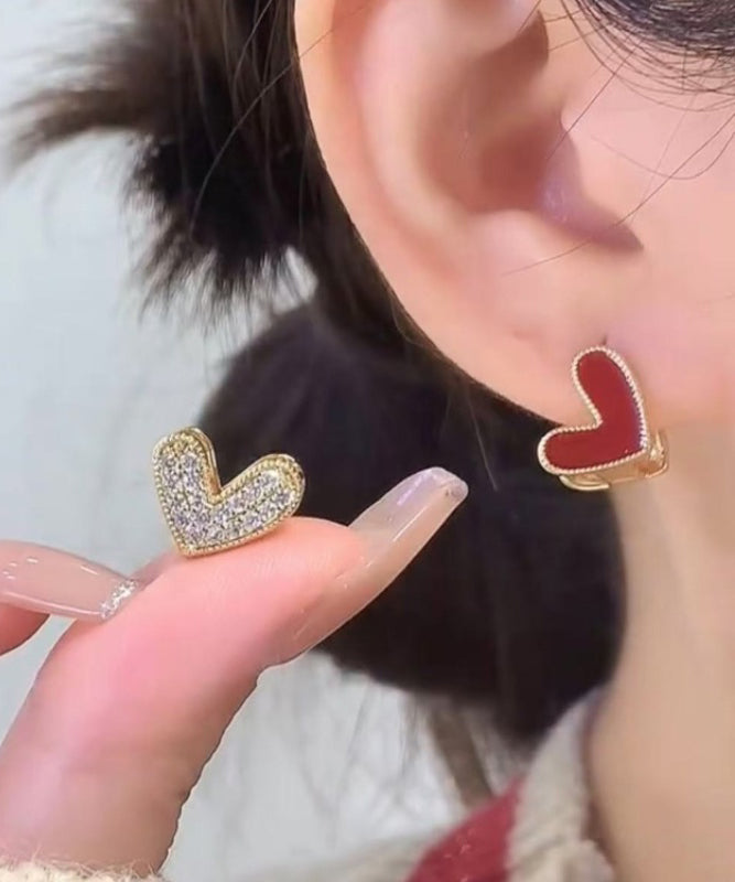 Brief Red Sterling Silver Overgild Zircon Love Stud Earrings
