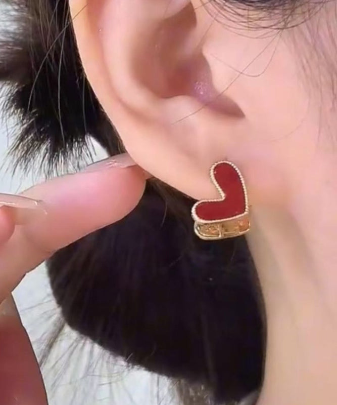 Brief Red Sterling Silver Overgild Zircon Love Stud Earrings