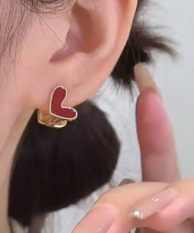 Brief Red Sterling Silver Overgild Zircon Love Stud Earrings