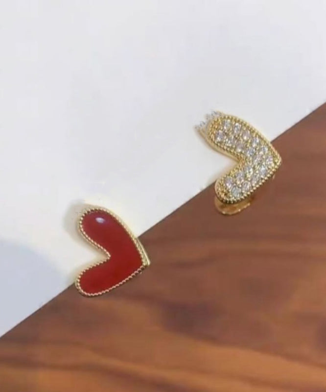 Brief Red Sterling Silver Overgild Zircon Love Stud Earrings