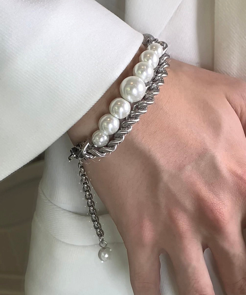 Brief Stainless Steel Pearl Chain Charm Bracelet - Omychic