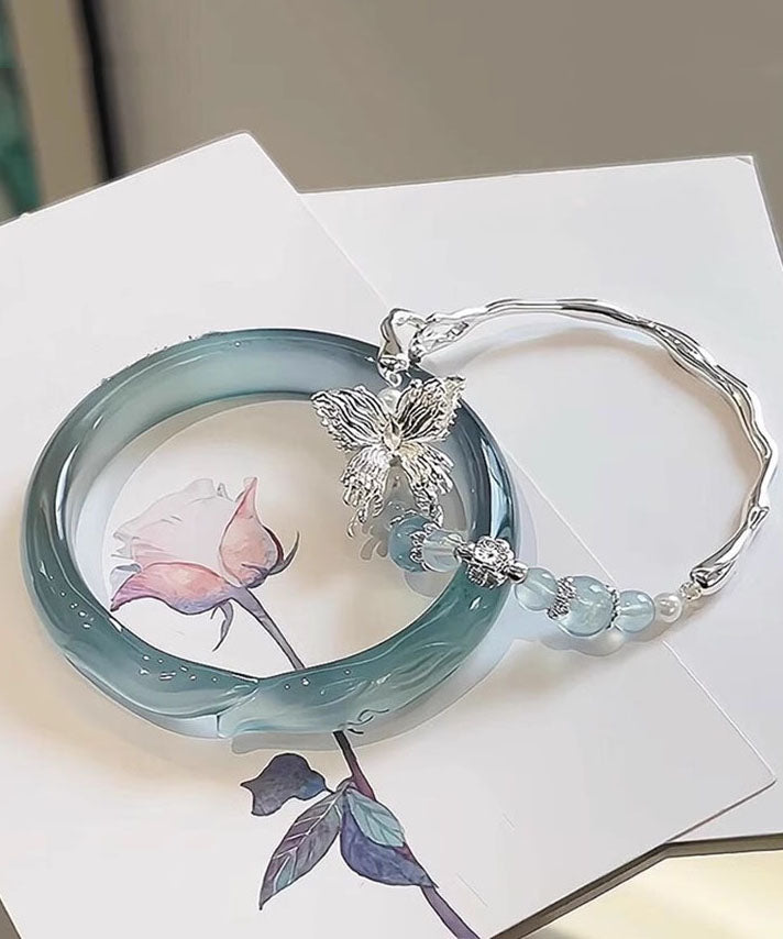 Brief Sterling Silver Zircon Jade Butterfly Bangle Two-Piece Set