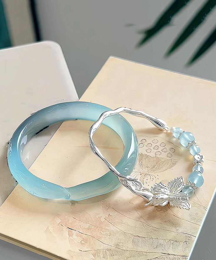 Brief Sterling Silver Zircon Jade Butterfly Bangle Two-Piece Set