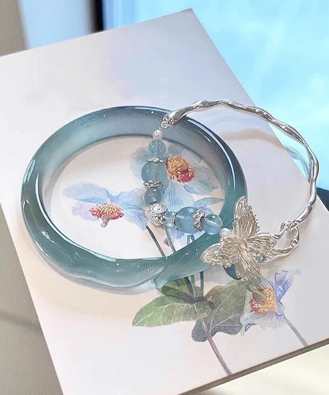 Brief Sterling Silver Zircon Jade Butterfly Bangle Two-Piece Set