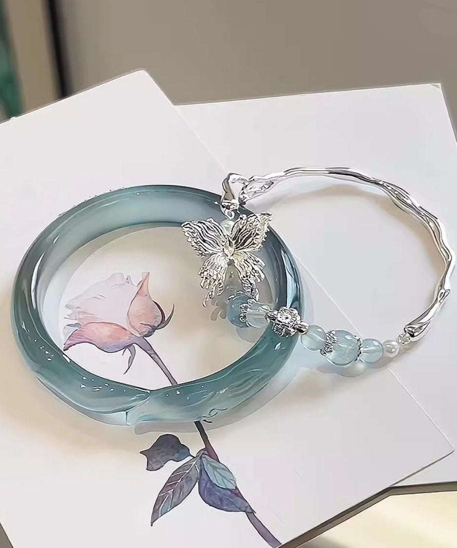 Brief Sterling Silver Zircon Jade Butterfly Bangle Two-Piece Set