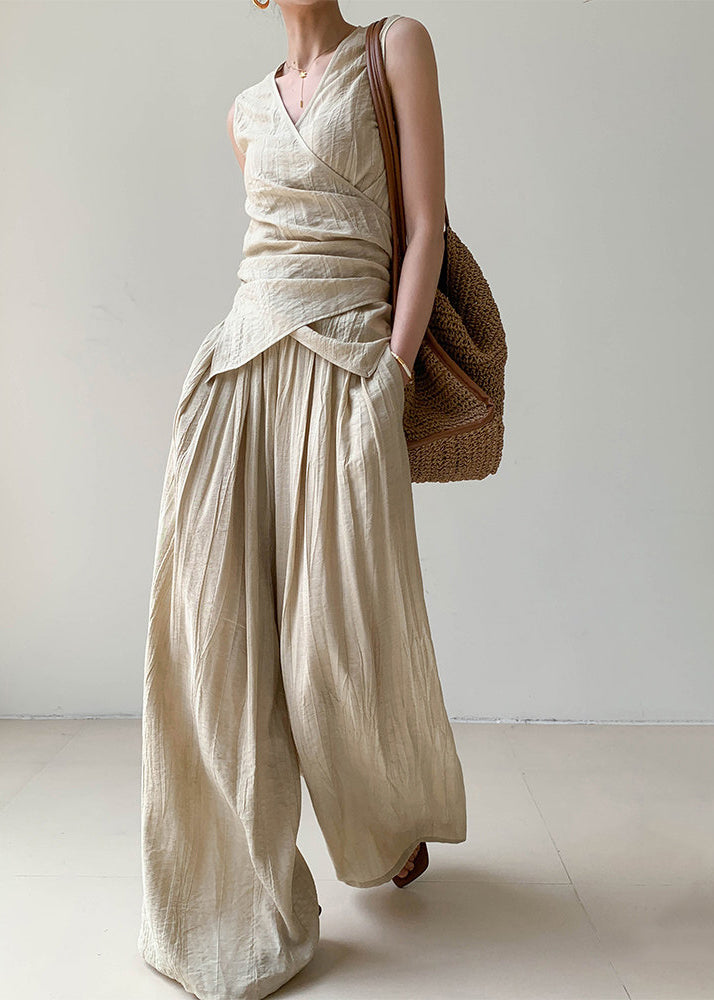 Brief V Neck Silk Linen Top And Wide Leg Pants Two Pieces Set Sleeveless