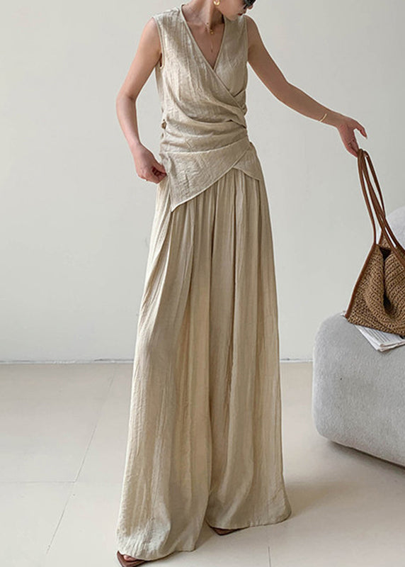 Brief V Neck Silk Linen Top And Wide Leg Pants Two Pieces Set Sleeveless