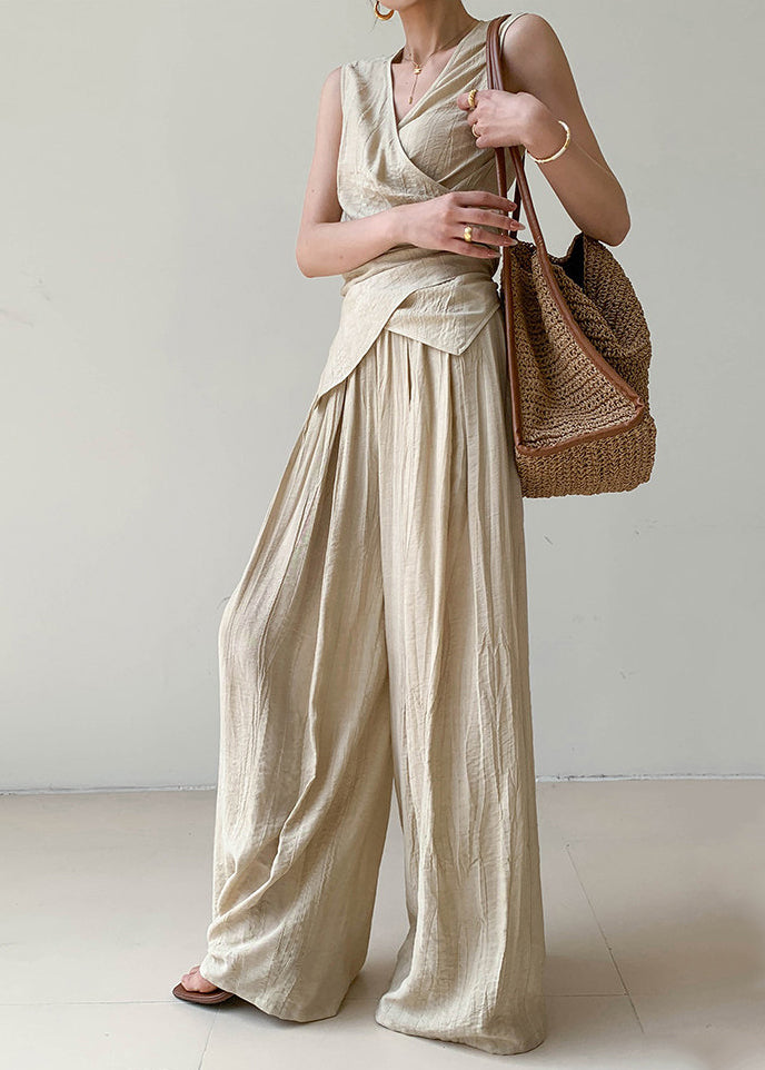 Brief V Neck Silk Linen Top And Wide Leg Pants Two Pieces Set Sleeveless
