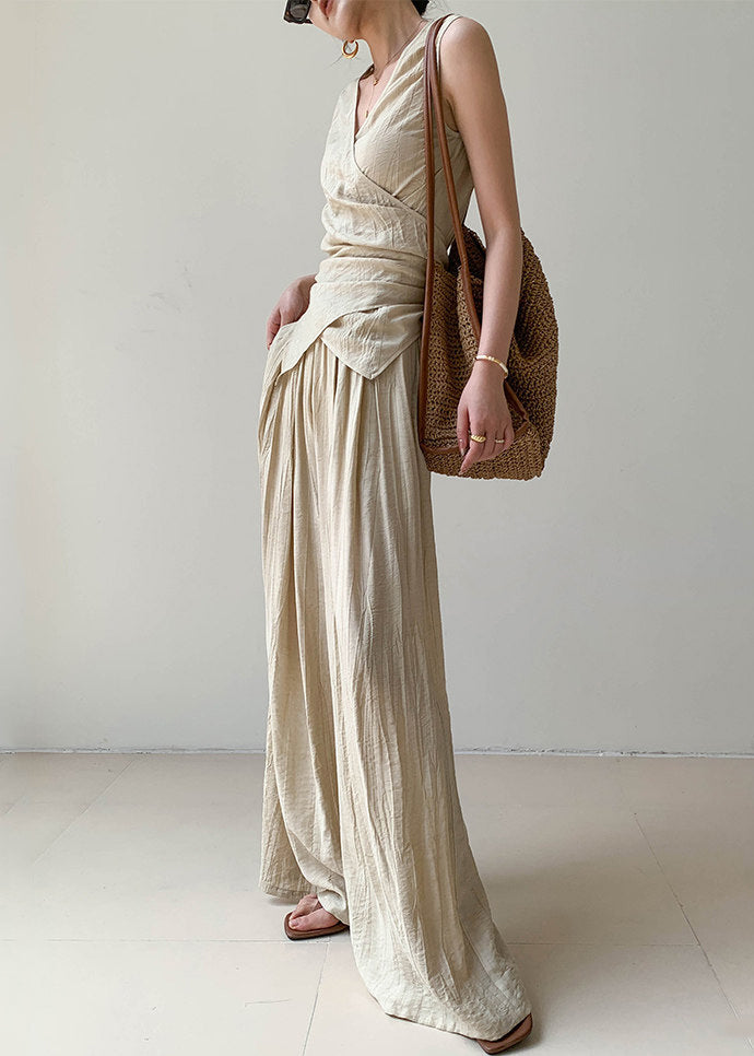 Brief V Neck Silk Linen Top And Wide Leg Pants Two Pieces Set Sleeveless
