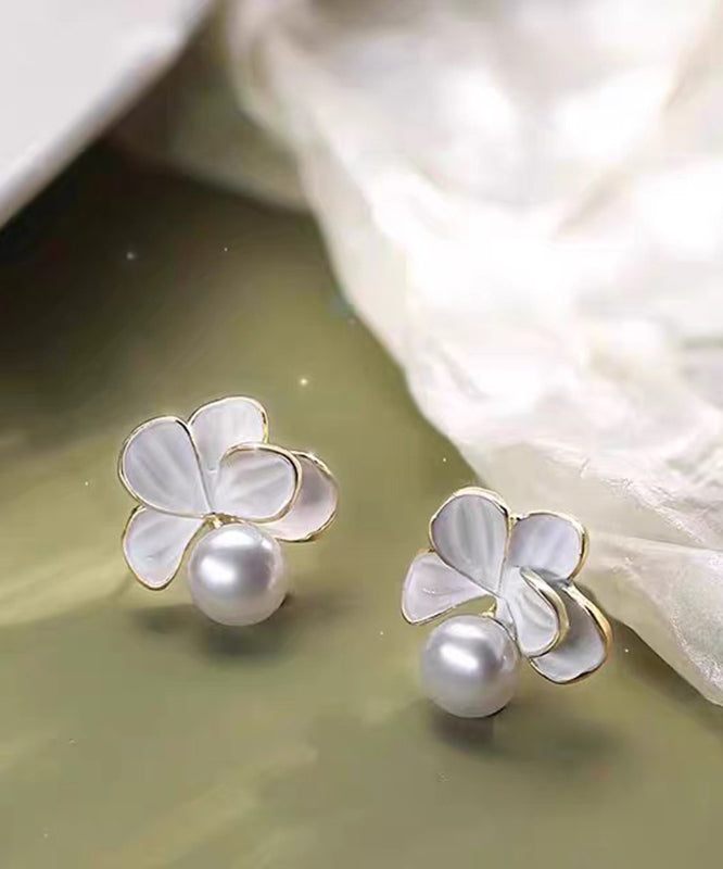 Brief White Alloy Pearl Camellia Stud Earrings