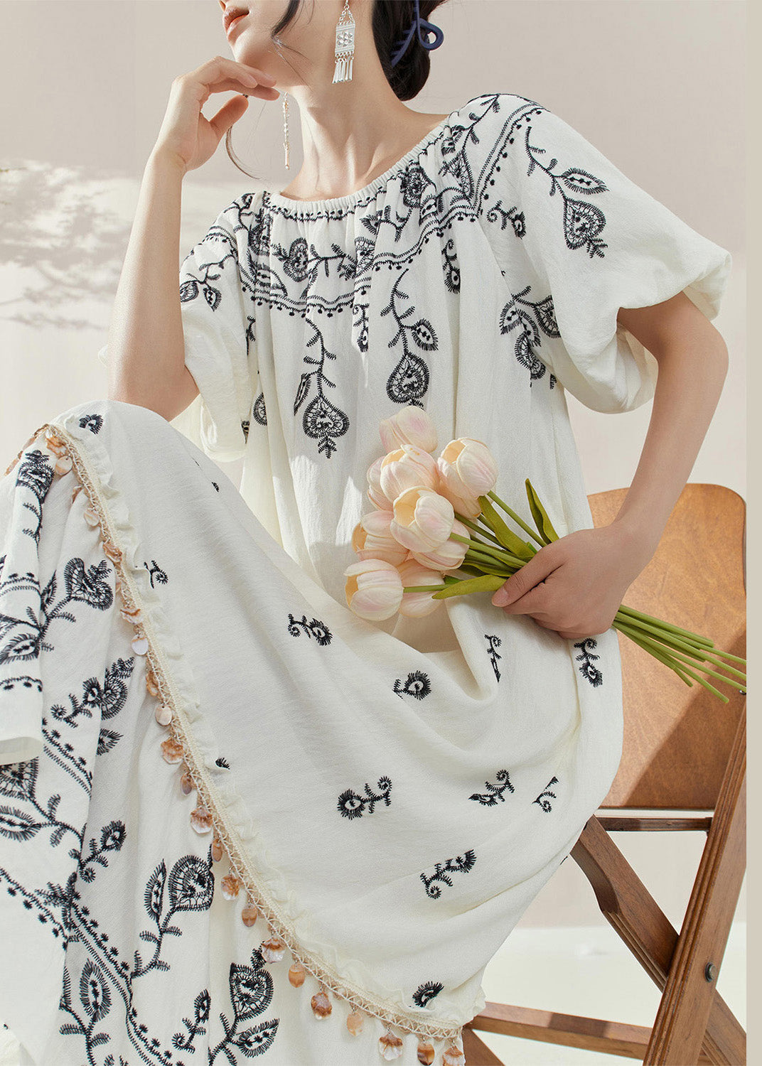 Brief White Embroidered Ruffled Patchwork Tassel Long Dress Summer
