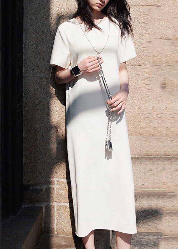 Brief White O-Neck Patchwork Pockets Long Dresses Short Sleeve