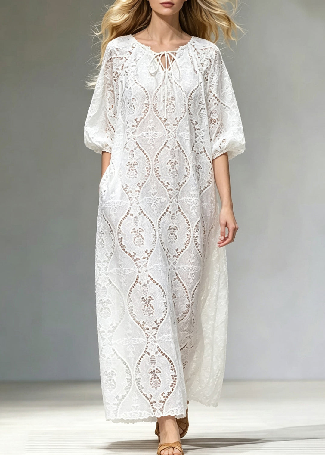 Brief White O-Neck Tie Lace Lace Long Dress Summer