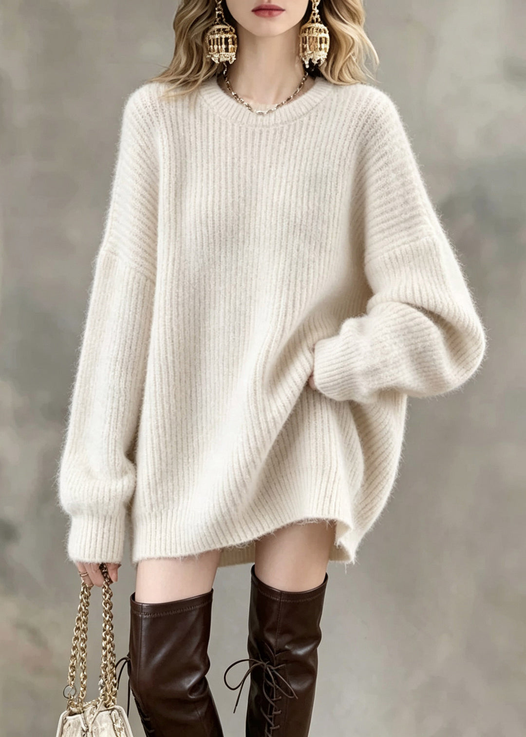 Brief White Patchwork Cozy Cotton Knit Sweaters Lantern Sleeve