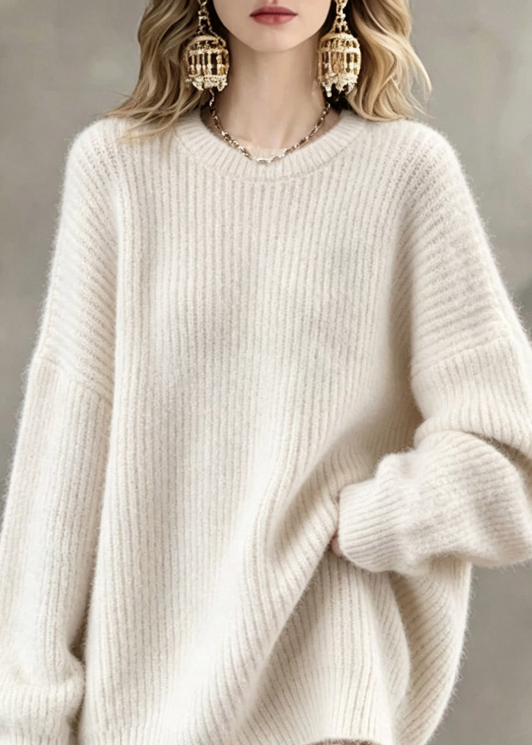 Brief White Patchwork Cozy Cotton Knit Sweaters Lantern Sleeve
