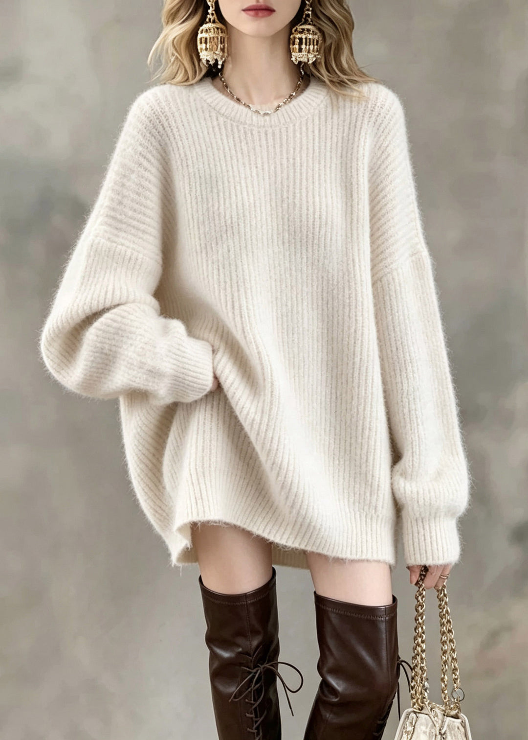 Brief White Patchwork Cozy Cotton Knit Sweaters Lantern Sleeve