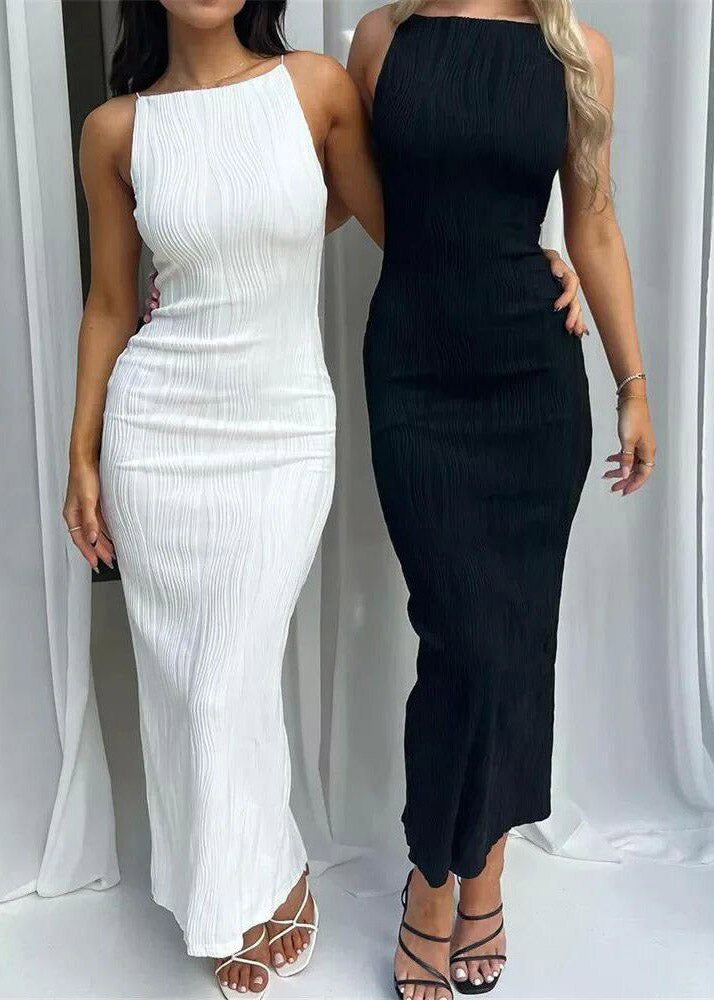 Brief White Patchwork Solid Long Spaghetti Strap Dress Summer