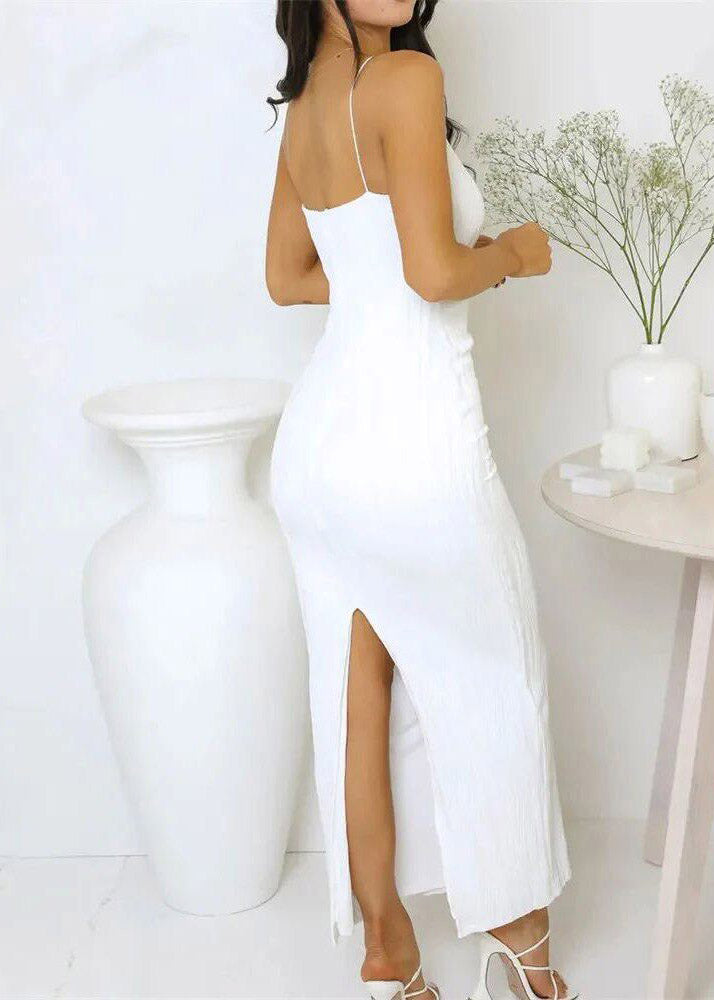 Brief White Patchwork Solid Long Spaghetti Strap Dress Summer