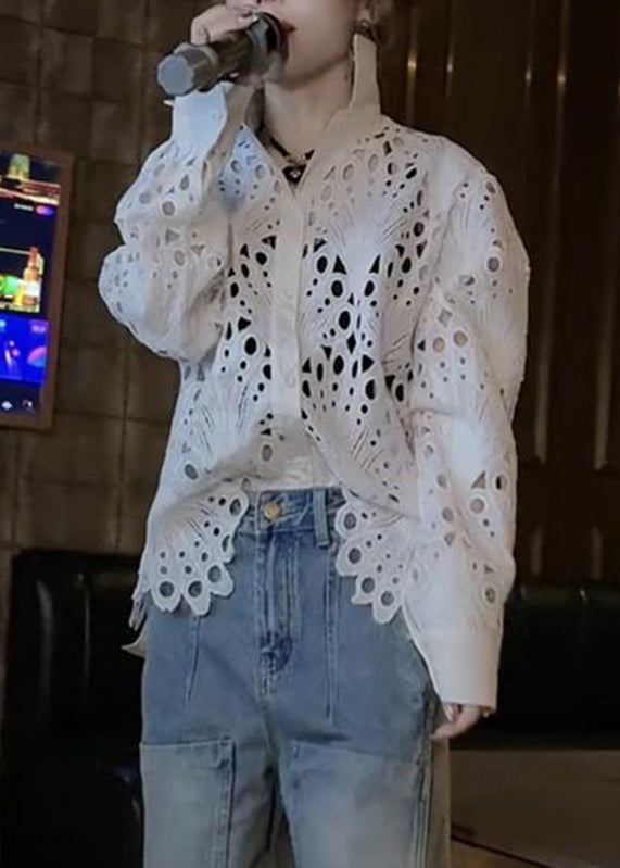 Brief White Peter Pan Collar Hollow Out Lace Shirt Spring