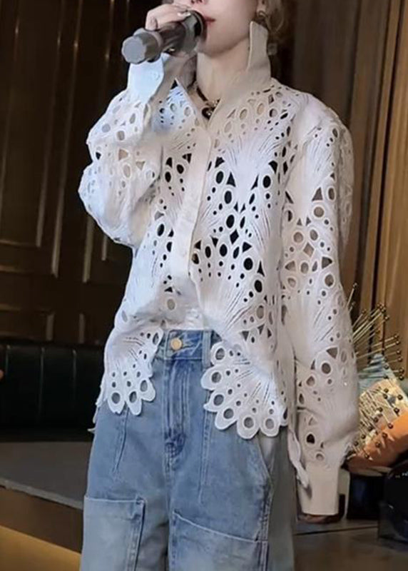 Brief White Peter Pan Collar Hollow Out Lace Shirt Spring