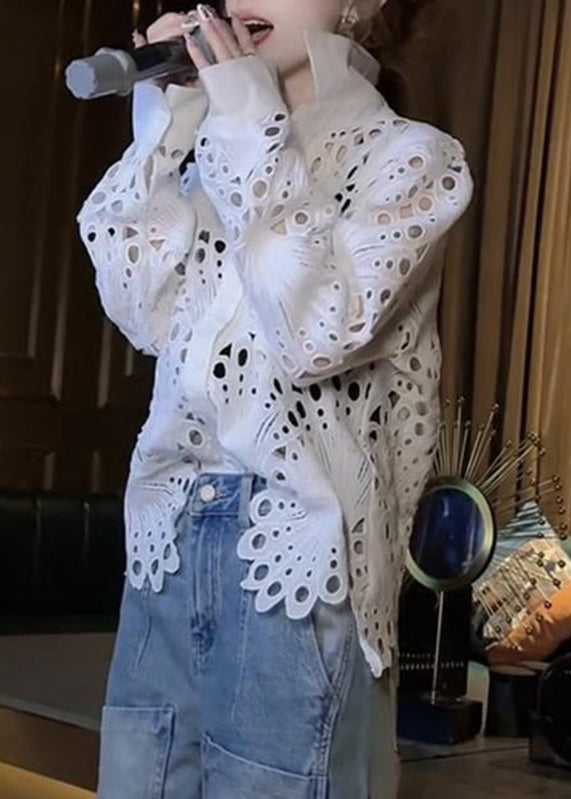 Brief White Peter Pan Collar Hollow Out Lace Shirt Spring