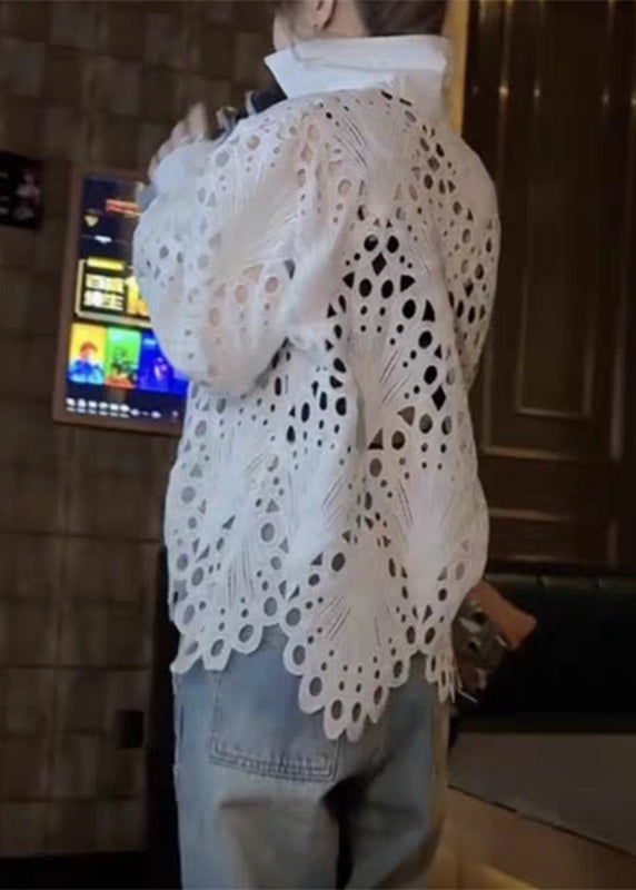 Brief White Peter Pan Collar Hollow Out Lace Shirt Spring