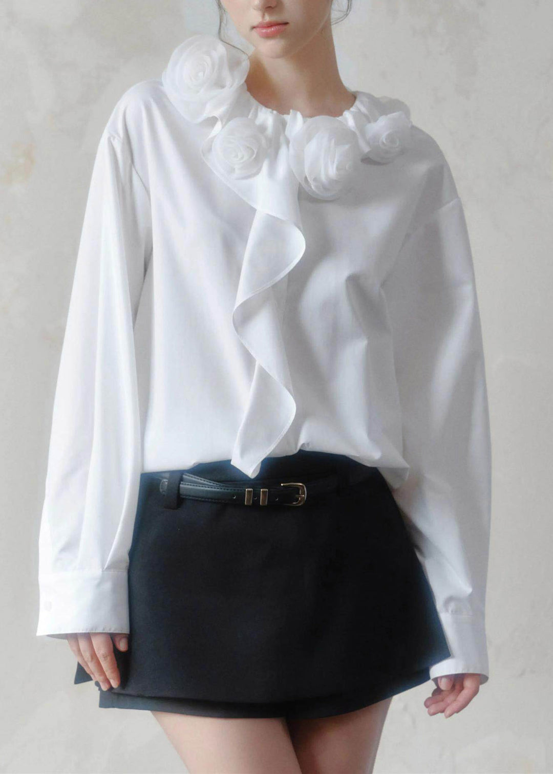 Brief White Ruffled Floral Shirts Long Sleeve