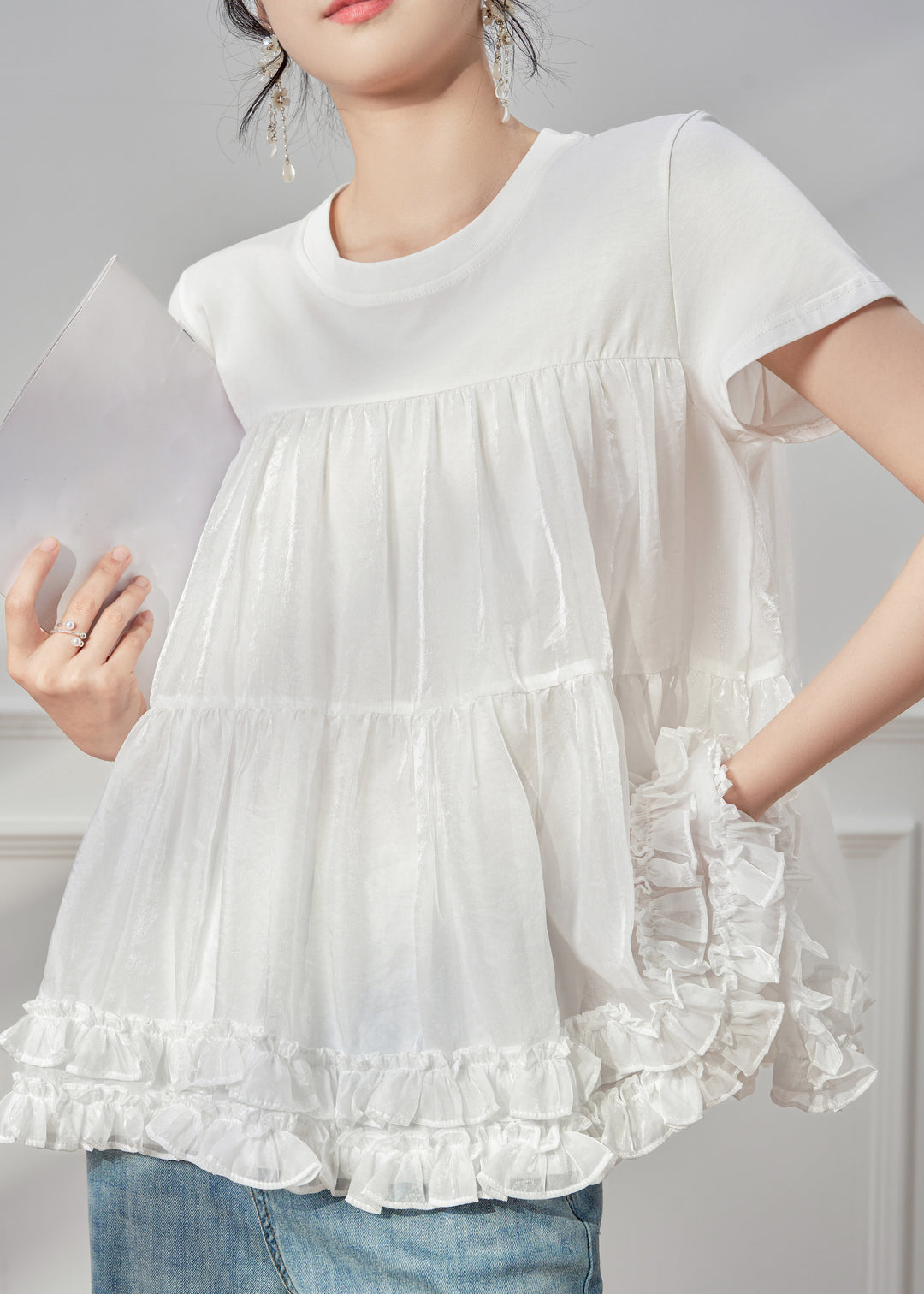 Brief White Ruffled T Shirt Tulle Patchwork Short Sleeve