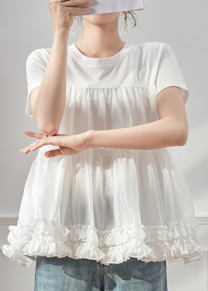 Brief White Ruffled T Shirt Tulle Patchwork Short Sleeve