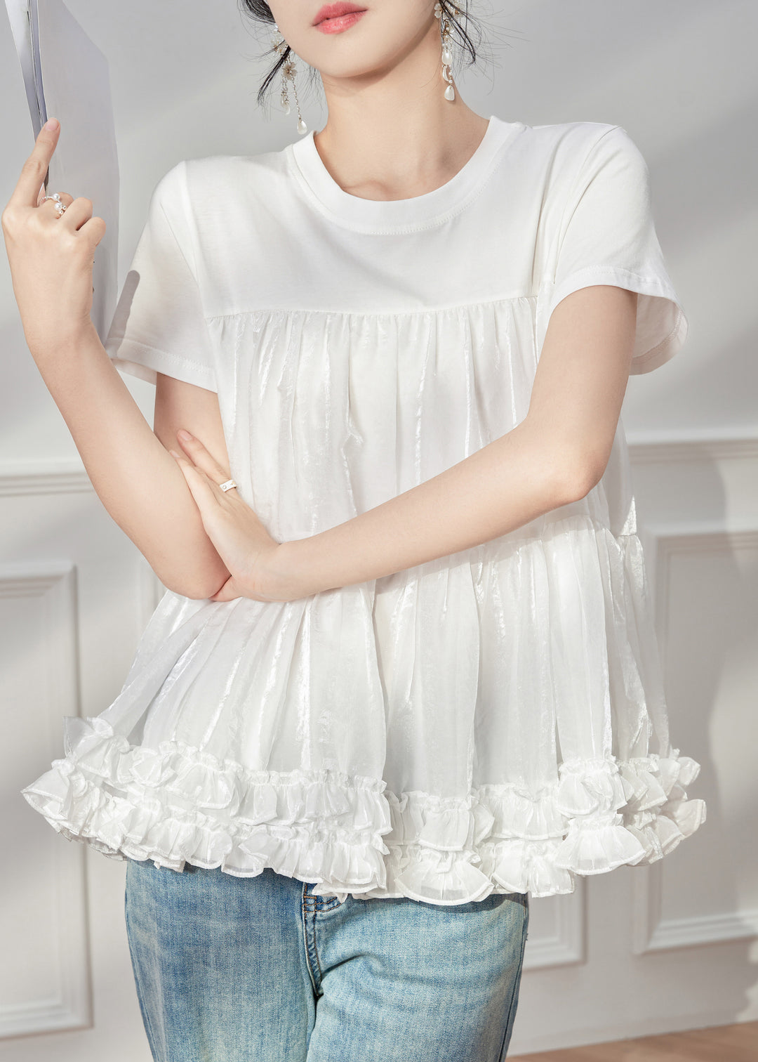 Brief White Ruffled T Shirt Tulle Patchwork Short Sleeve
