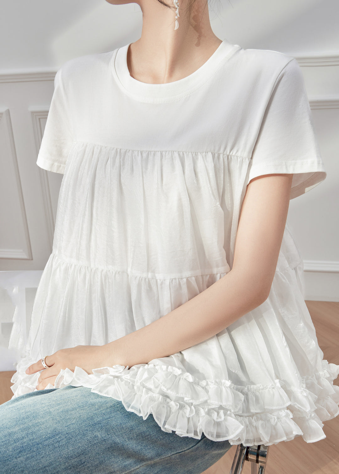 Brief White Ruffled T Shirt Tulle Patchwork Short Sleeve