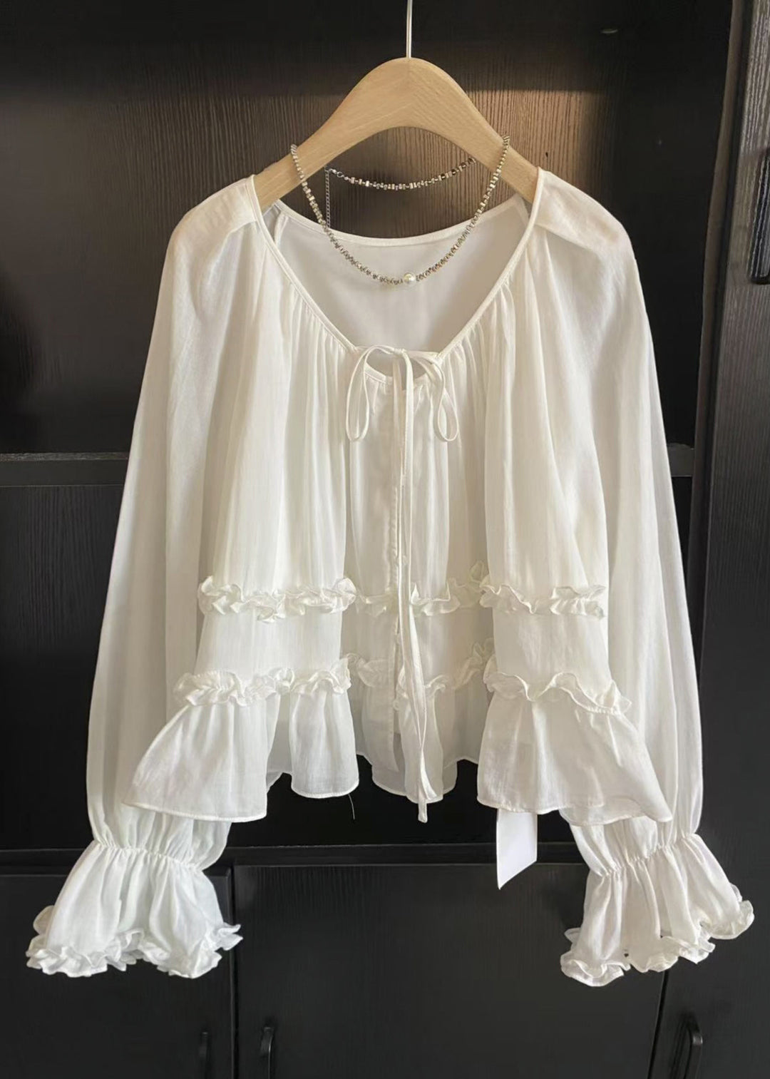 Brief White Ruffled Tie Lace Shirt Flare Sleeve