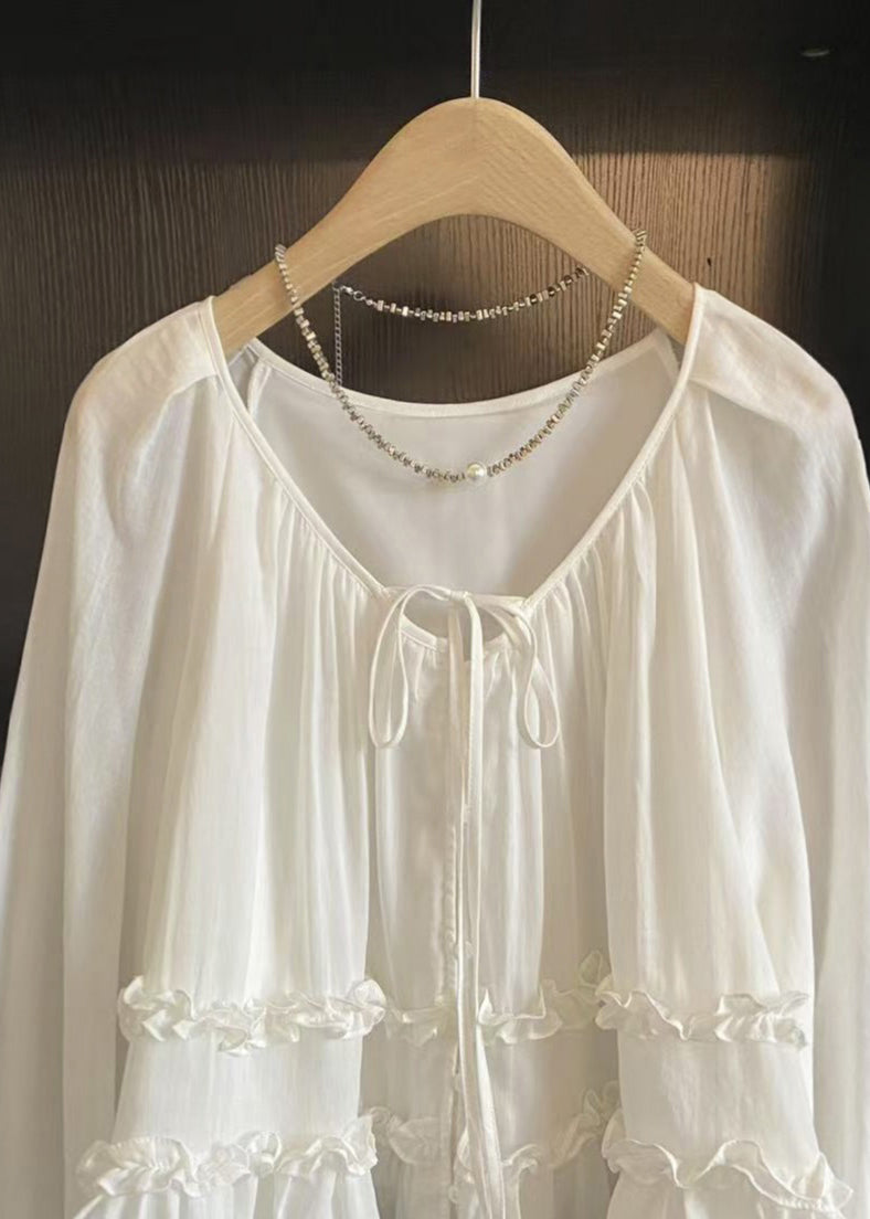 Brief White Ruffled Tie Lace Shirt Flare Sleeve