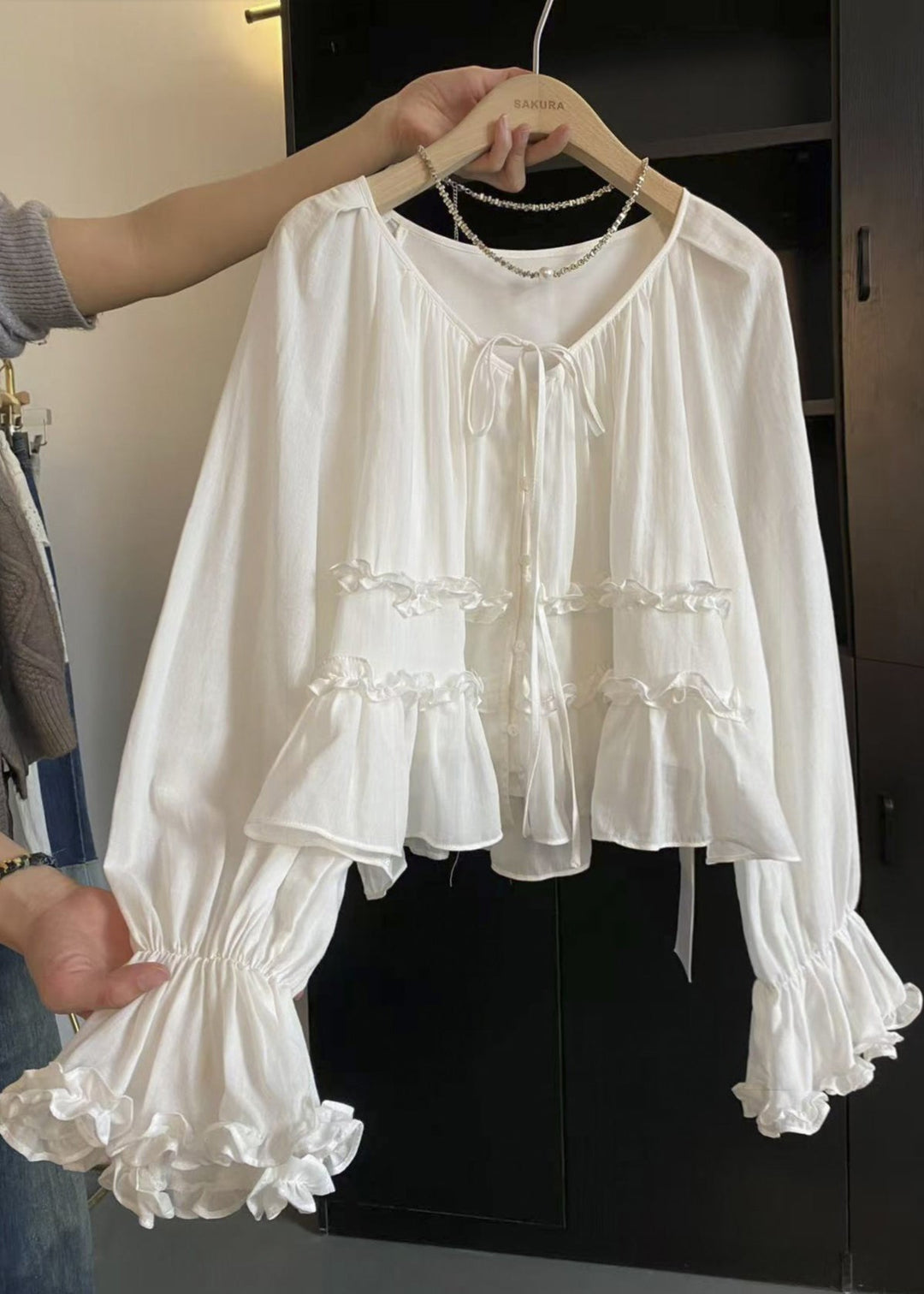 Brief White Ruffled Tie Lace Shirt Flare Sleeve