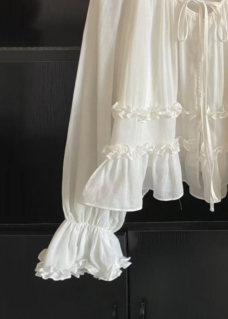 Brief White Ruffled Tie Lace Shirt Flare Sleeve