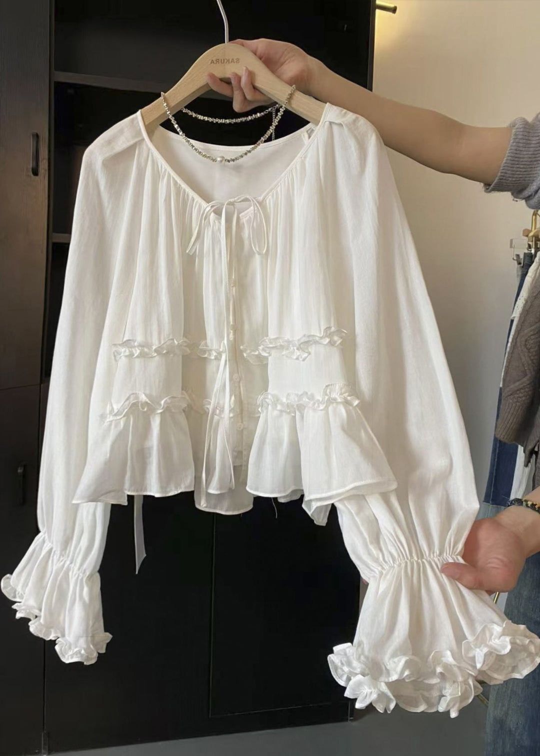 Brief White Ruffled Tie Lace Shirt Flare Sleeve