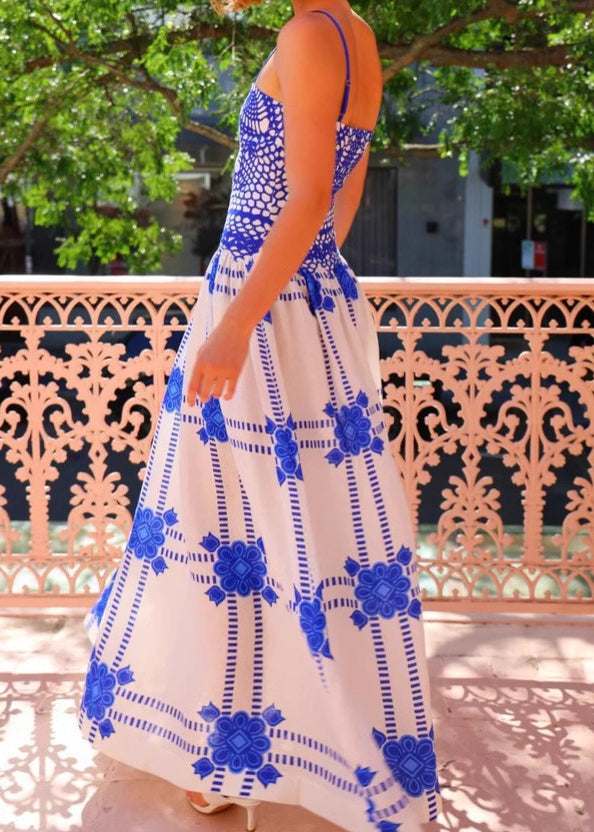 Brief White Slash Neck Print Long Spaghetti Strap Dress Summer