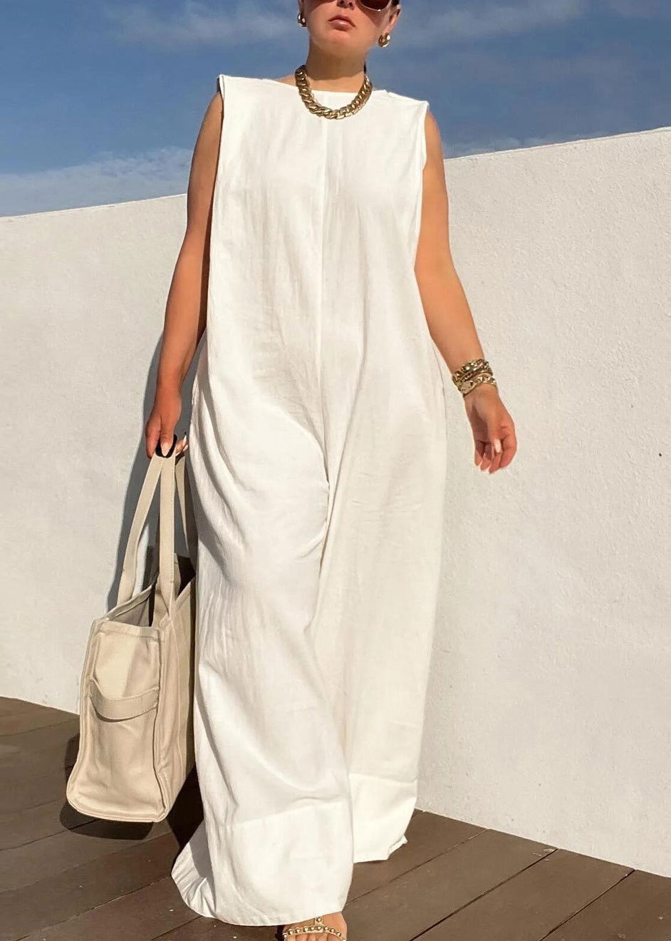 Brief White Slash Neck Solid Jumpsuits Summer