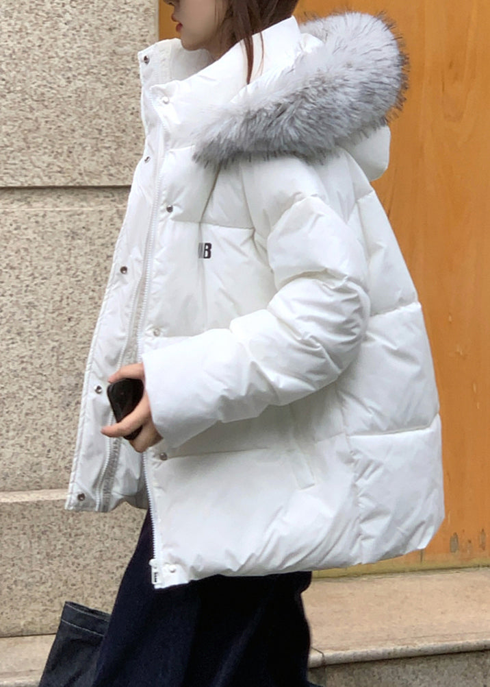 Brief White Stand Collar Hooded Parka Winter